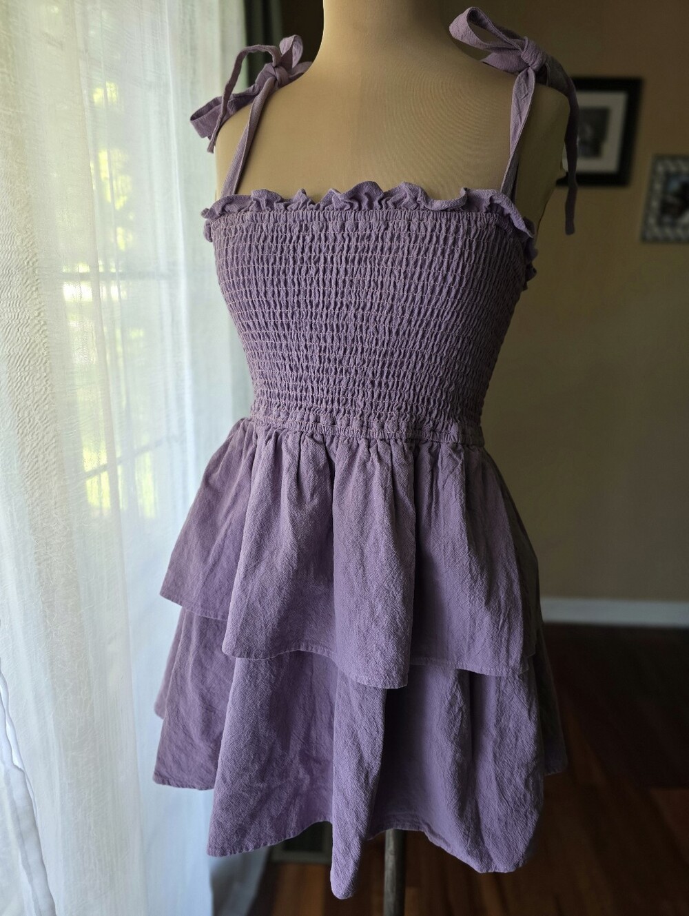Nasty Gal Lilac Cotton Shirred Tiered Ruffle Mini Dress Tie Shoulder Size 10